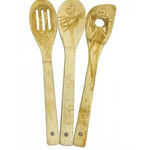 Set of 3 Bamboo Cooking Spoons with Engraved Jack Skellington Designs NEW